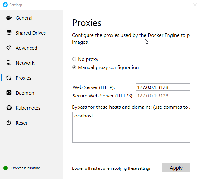 Setting proxy in docker UI
