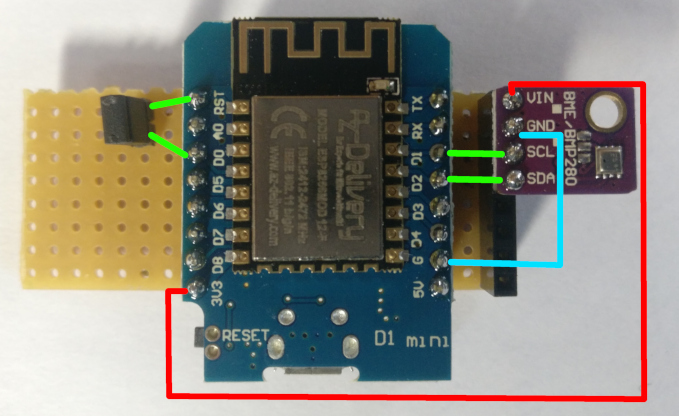 ESP8266 soldered with annotations top view